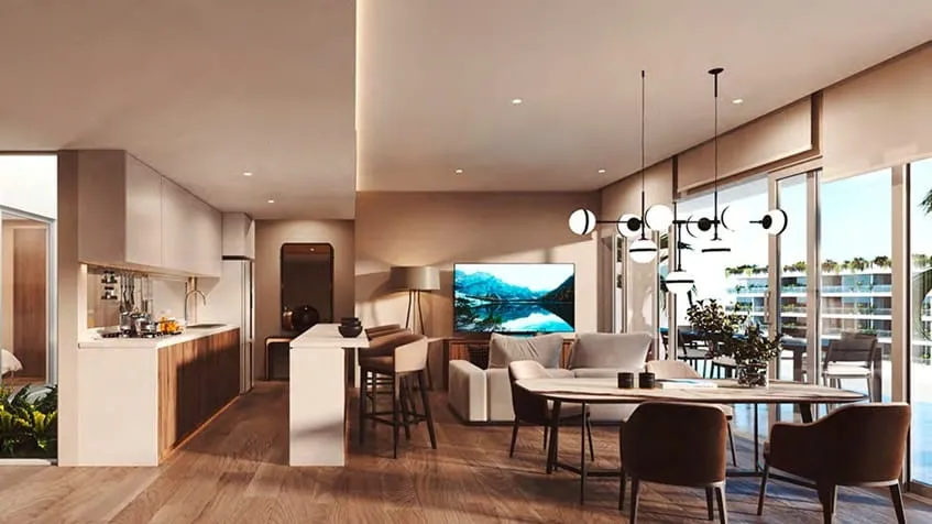 una sala y un comedor amplios con un balcon al lado en the leaf condos playacar