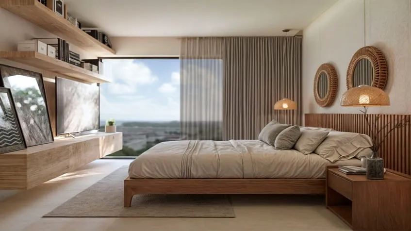 una recamara con un tv en macondo punta esmeralda playa del carmen