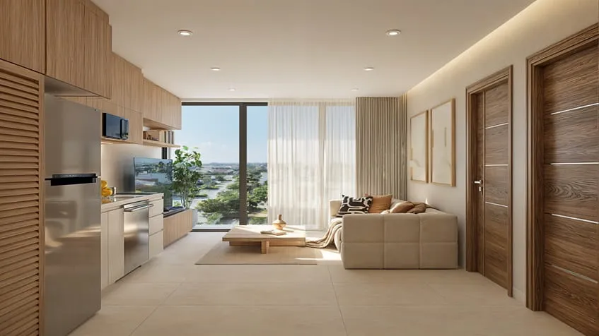 una sala y una cocina con vista al exterior en macondo punta esmeralda playa del carmen