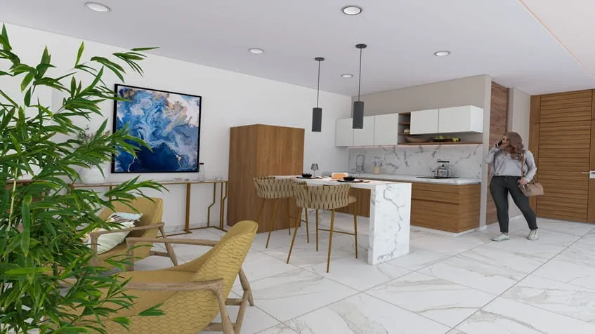 una barra desayunadora de un estudio en ola de mar playa del carmen