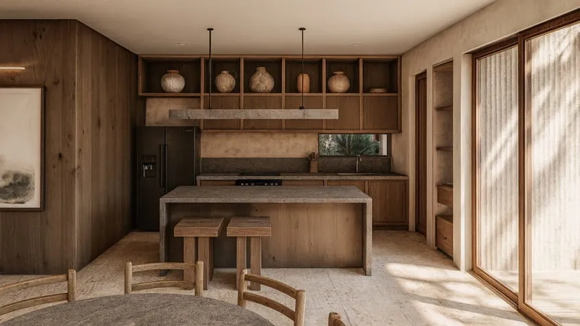una cocina de madera con una sala en anamaya cozumel