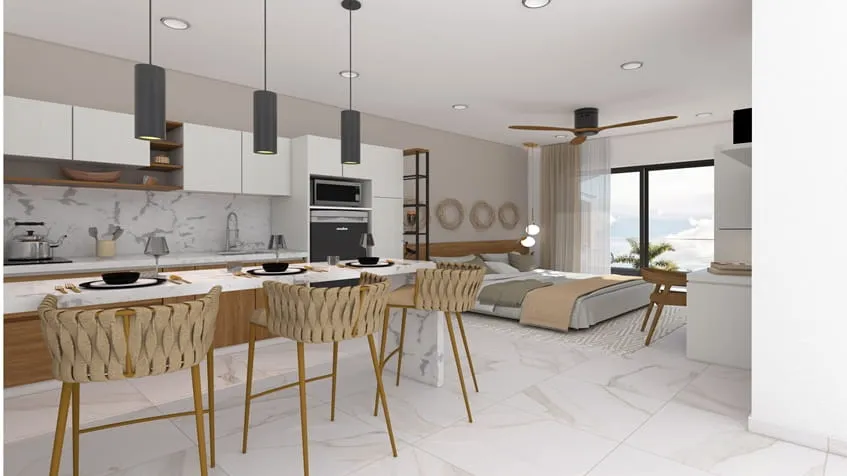 una sala con una cocina en ola de mar playa del carmen