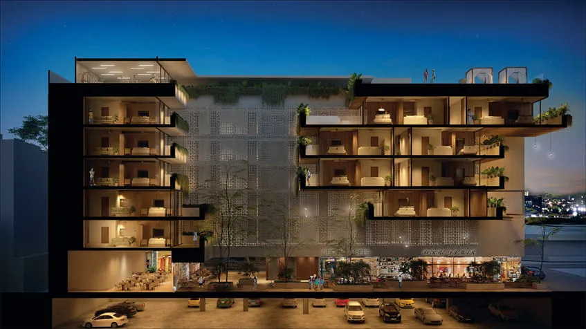 una fachada de un edificio nuevo en solar playa studios playa del carmen