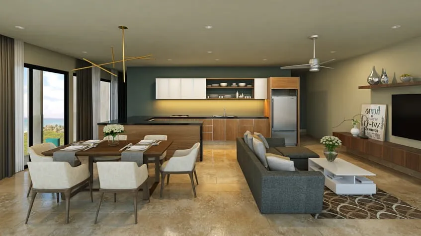 un interior de una sala con una cocina moderna en serenada playa del carmen
