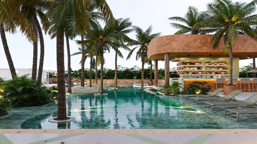 una piscina refrescante con una palapa para residentes en solar playa studios playa del carmen