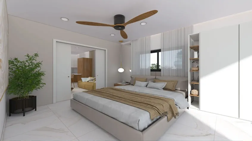 una recamara de un departamento con un closet grande en ola de mar playa del carmen