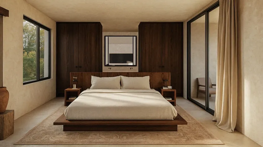 una recamara con un closet grande de madera en anamaya cozumel