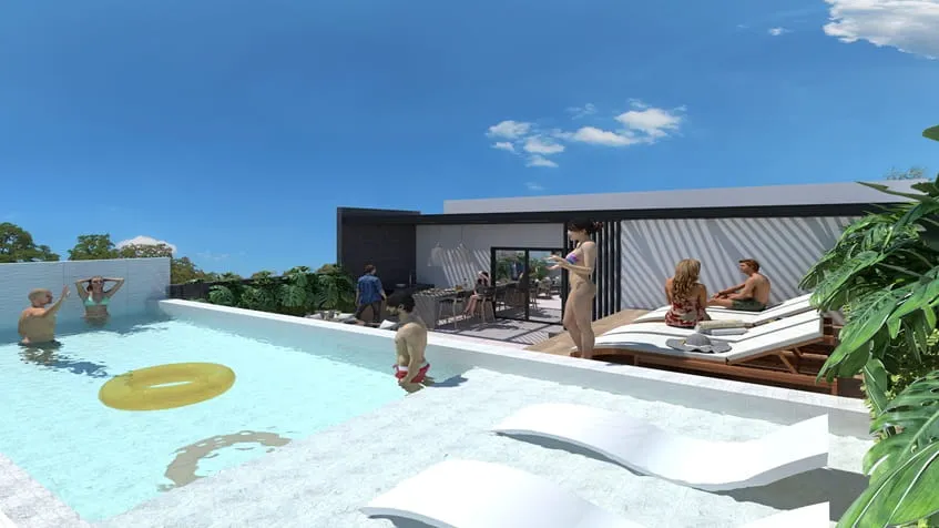 un asoleadero con personas conviviendo en ola de mar playa del carmen