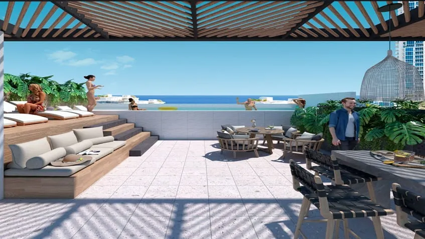 un rooftop con vista al mar en ola de mar playa del carmen