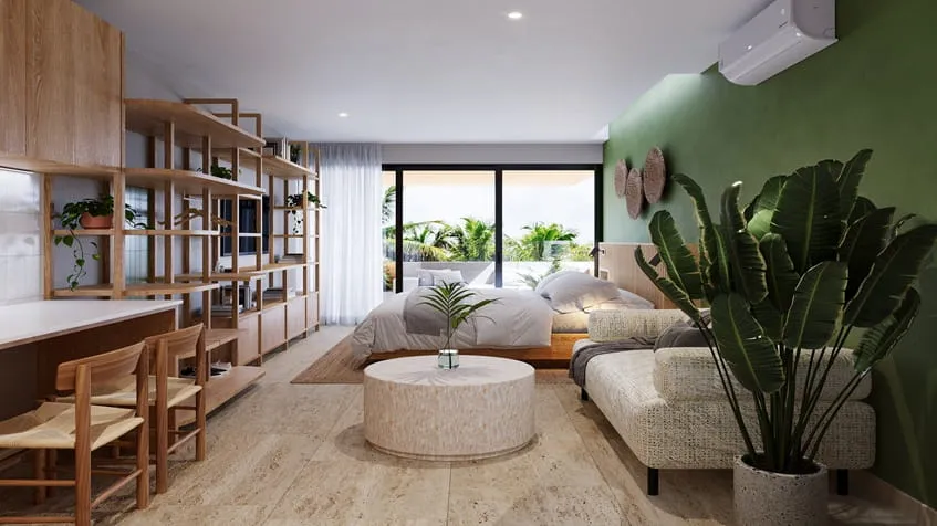 una sala de un estudio amueblado en solar playa studios playa del carmen