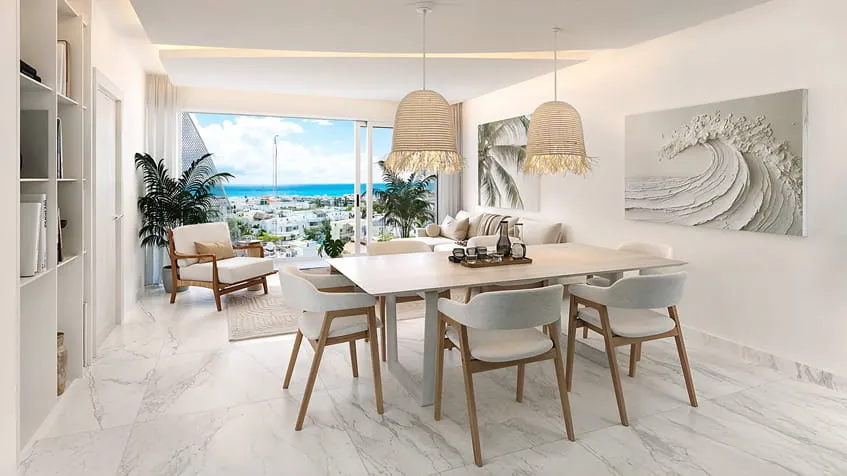 un comedor elegante con vista al mar en menotto 10 playa del carmen
