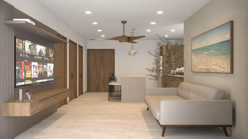 una sala con tv en portofino 28 playa del carmen